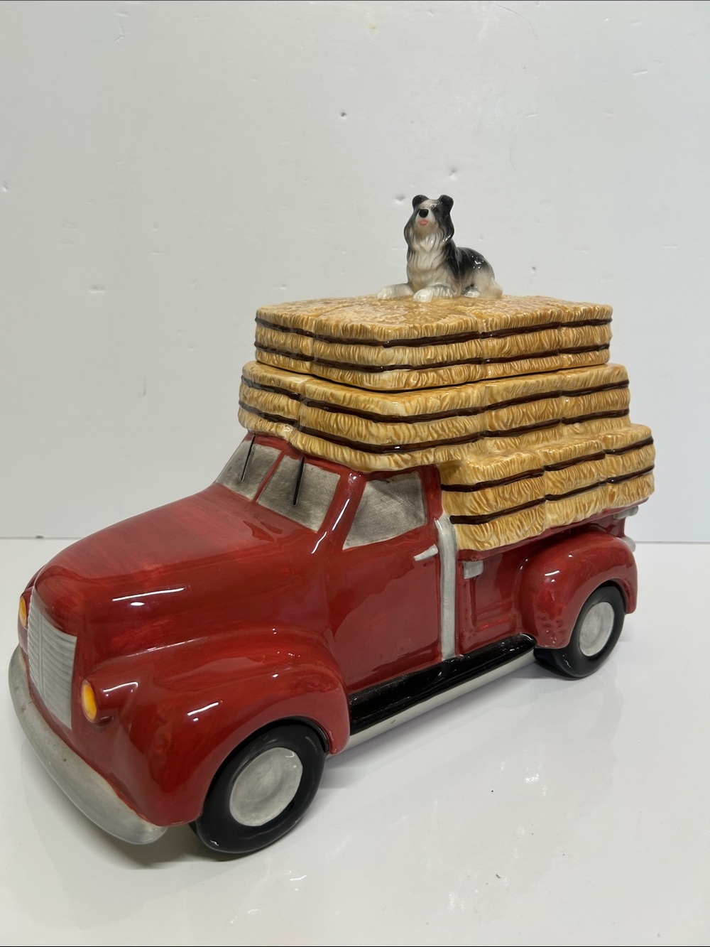 Montana Lifestyles Vintage Red Truck & Hay Cookie Jar With Dog Topper